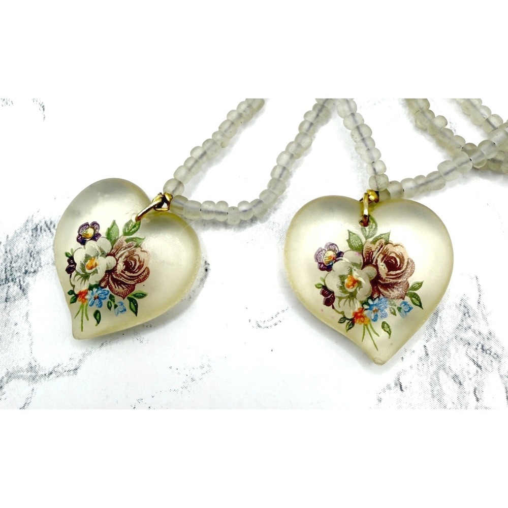 82" Extra Long Beaded Double Heart Pendant Necklace 2 Floral Resin Hearts